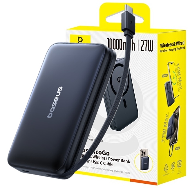 Baseus Powerbanka PicoGo Qi2 10000mAh 27W s káblom Usb-c čierna…