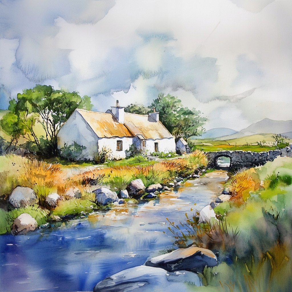 Obraz Na Plátně Canvas Krajina Irsko Vesnice Dům Most Potok Pohled 80x80