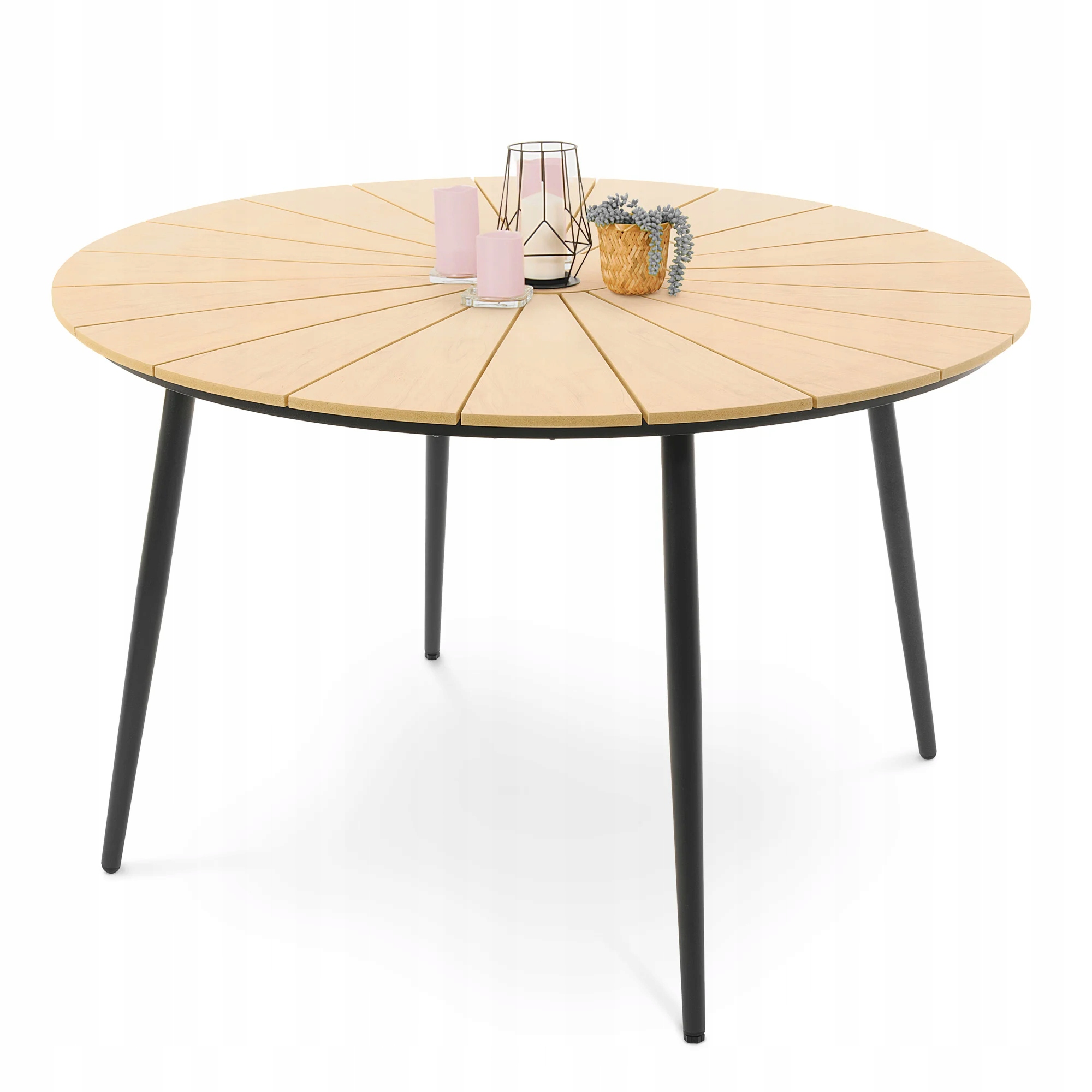 Stół Ogrodowy Okrągły Aluminiowy 120cm Blat Polywood Imitacja Drewna 6 Osób