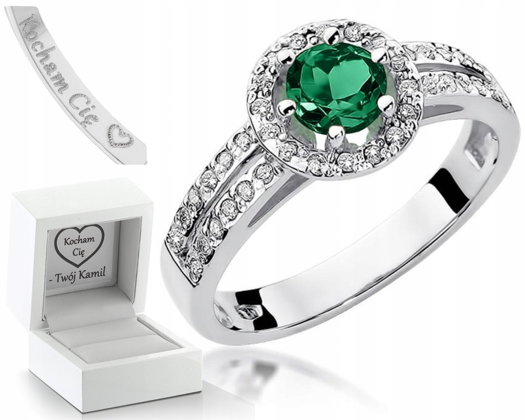 Prstýnek Smaragd Diamanty Bílé Zlato Gravírování