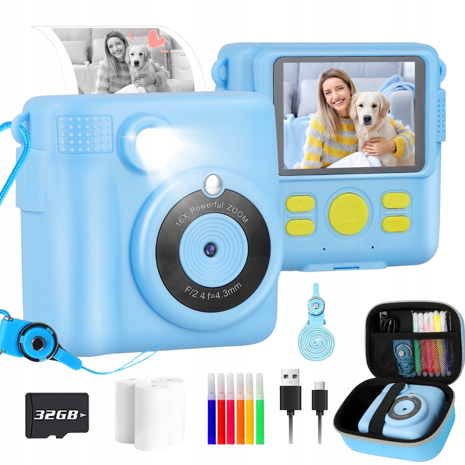Instantní Fotoaparát 32 Gb 1080P Pro Děti S Tiskovým Papírem, Modrý