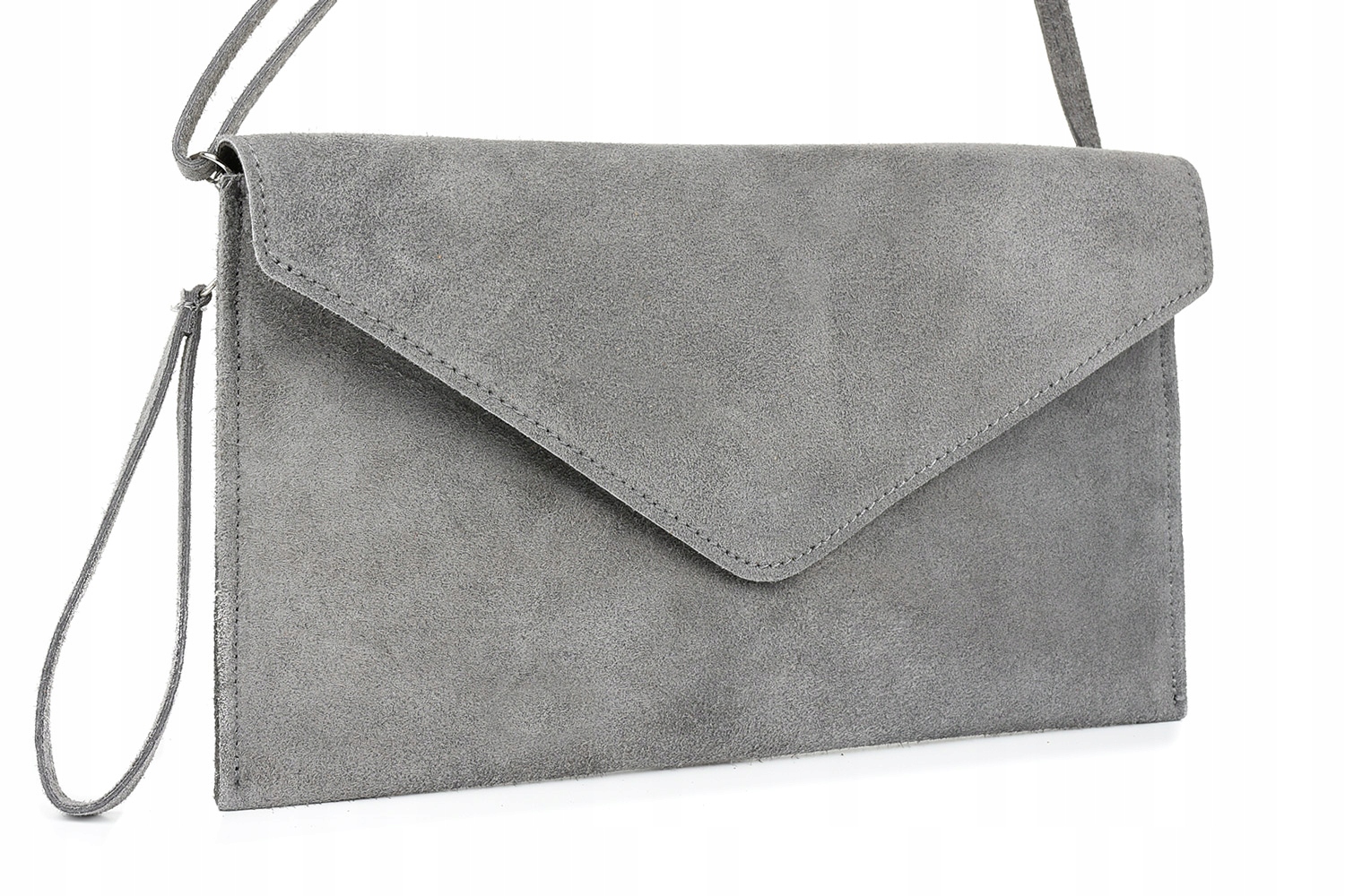 

Szara torebka skórzana wizytowa kopertówka zamsz