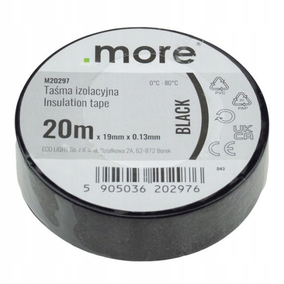 TAŚMA IZOLACYJNA PCV 19mm 20m czarna 1szt EAN (GTIN) 5905036202976