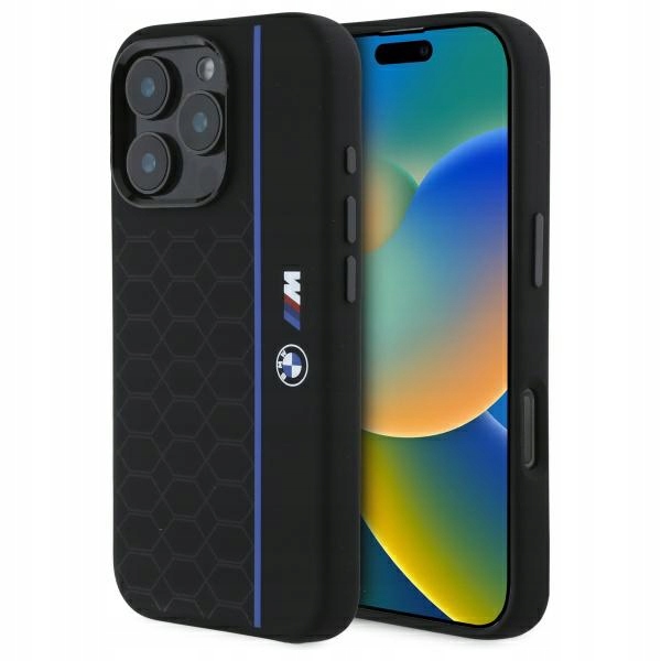 Pouzdro Bmw pro iPhone 16 Pro Max 6.9" černé Hexagon Blue Line MagSafe