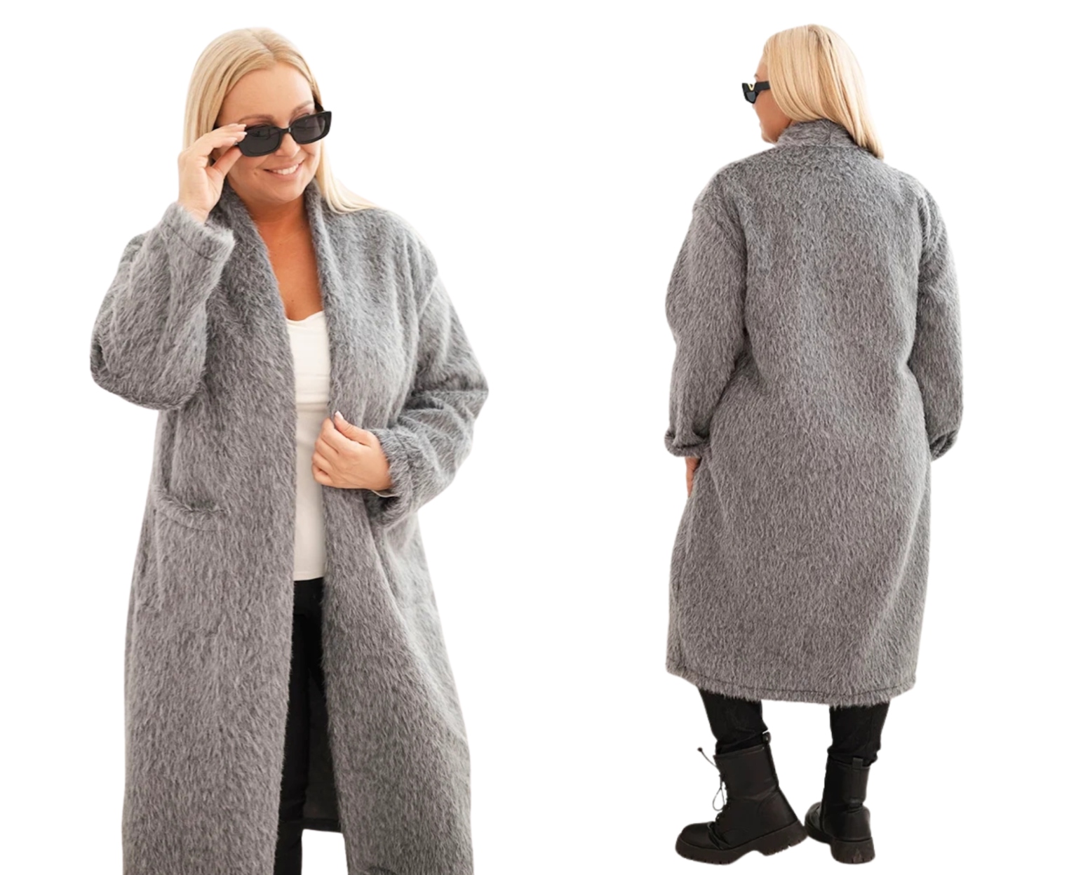 Šedý dámský viskózový kabát Plus Size bez zapínání