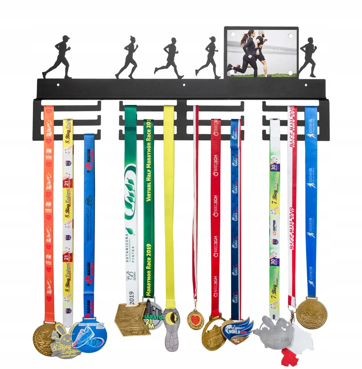 Kovový věšák na medaile 60 cm, organizér na běžky s rámečkem a personalizací
