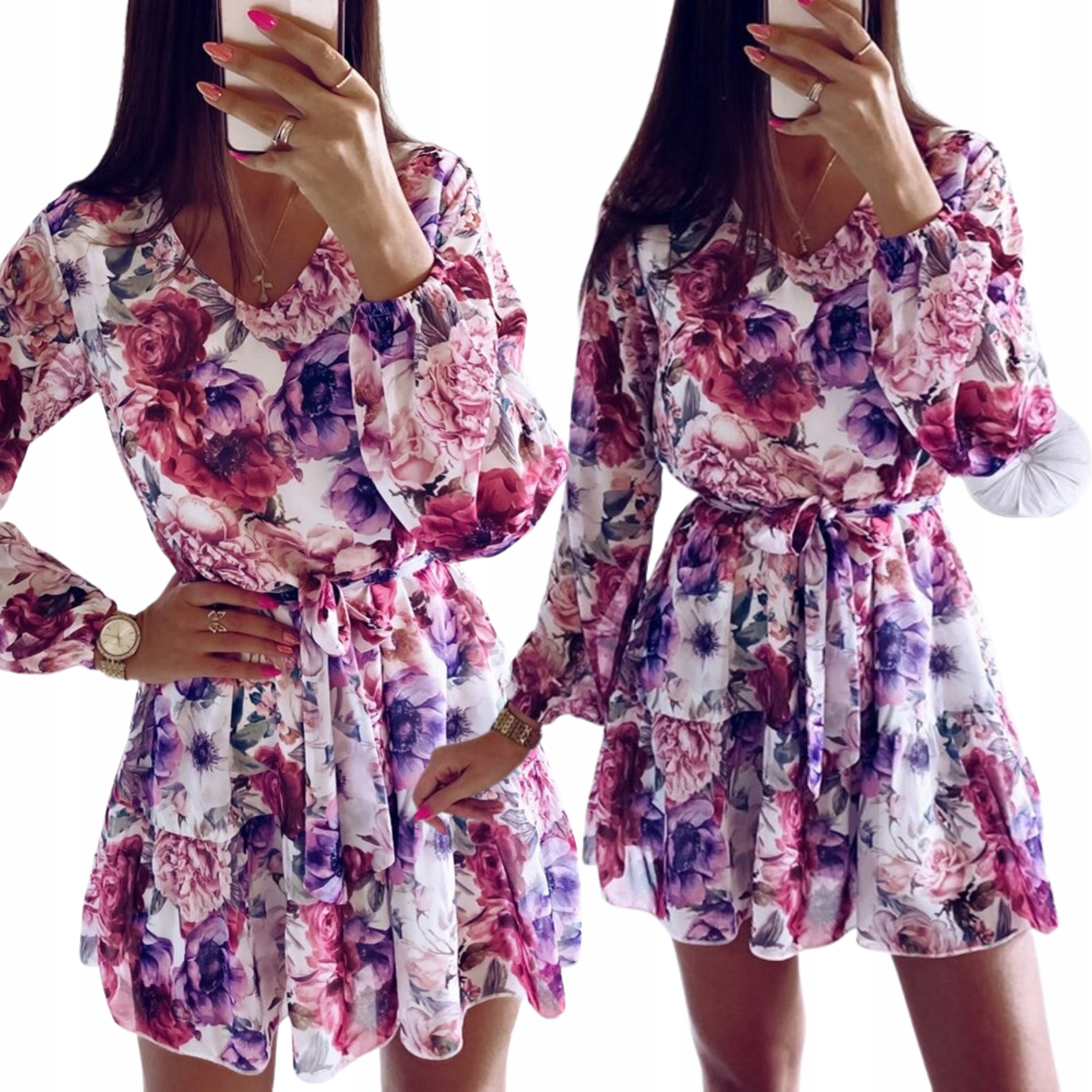 Zwiewna sukienka damska w kwiaty z paskiem i długim rękawem na wiosnę lato