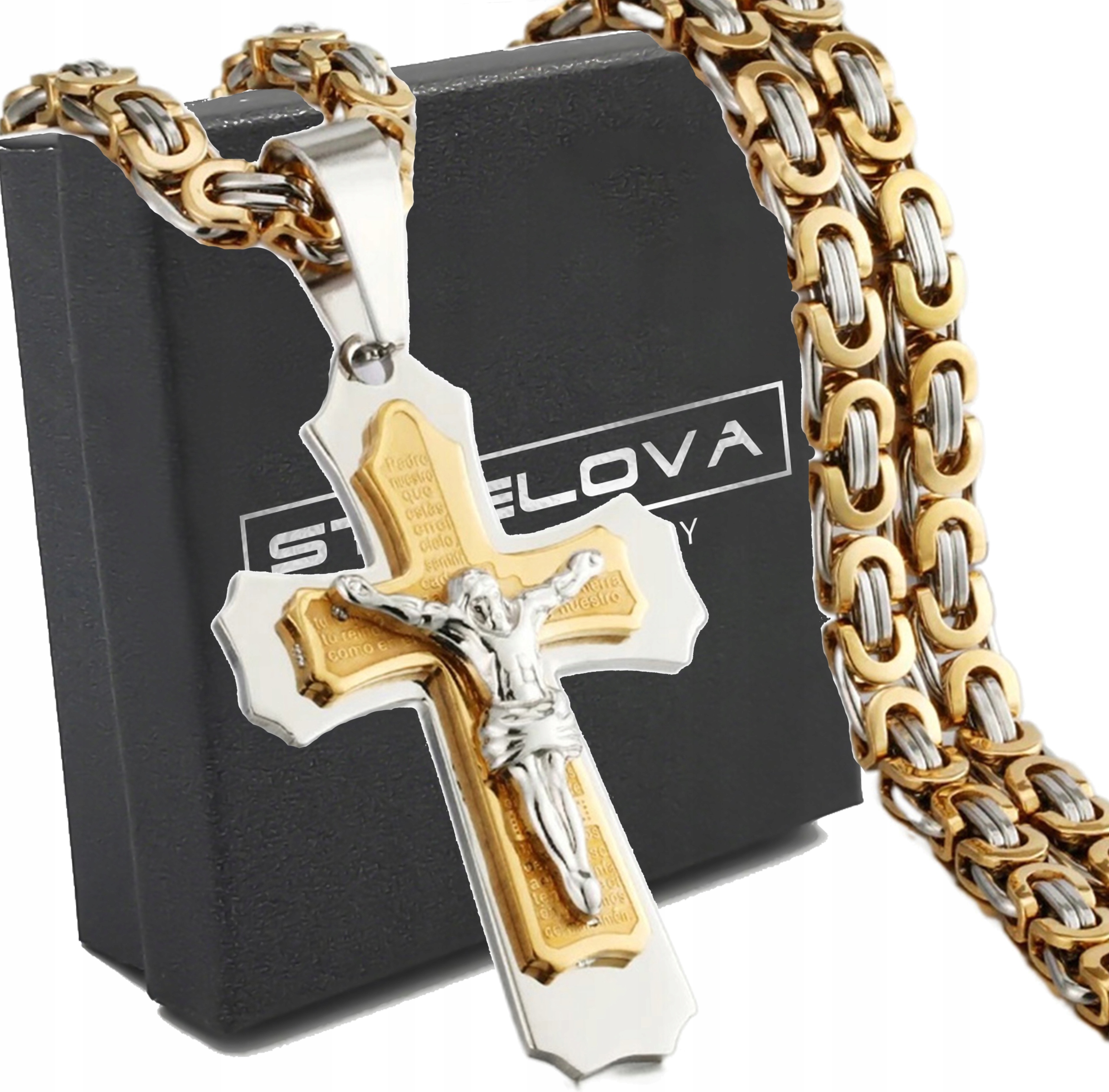 Zlato-stříbrný Přívěsek Kříž s Ježíšem a modlitbou, Byzantská pletenina