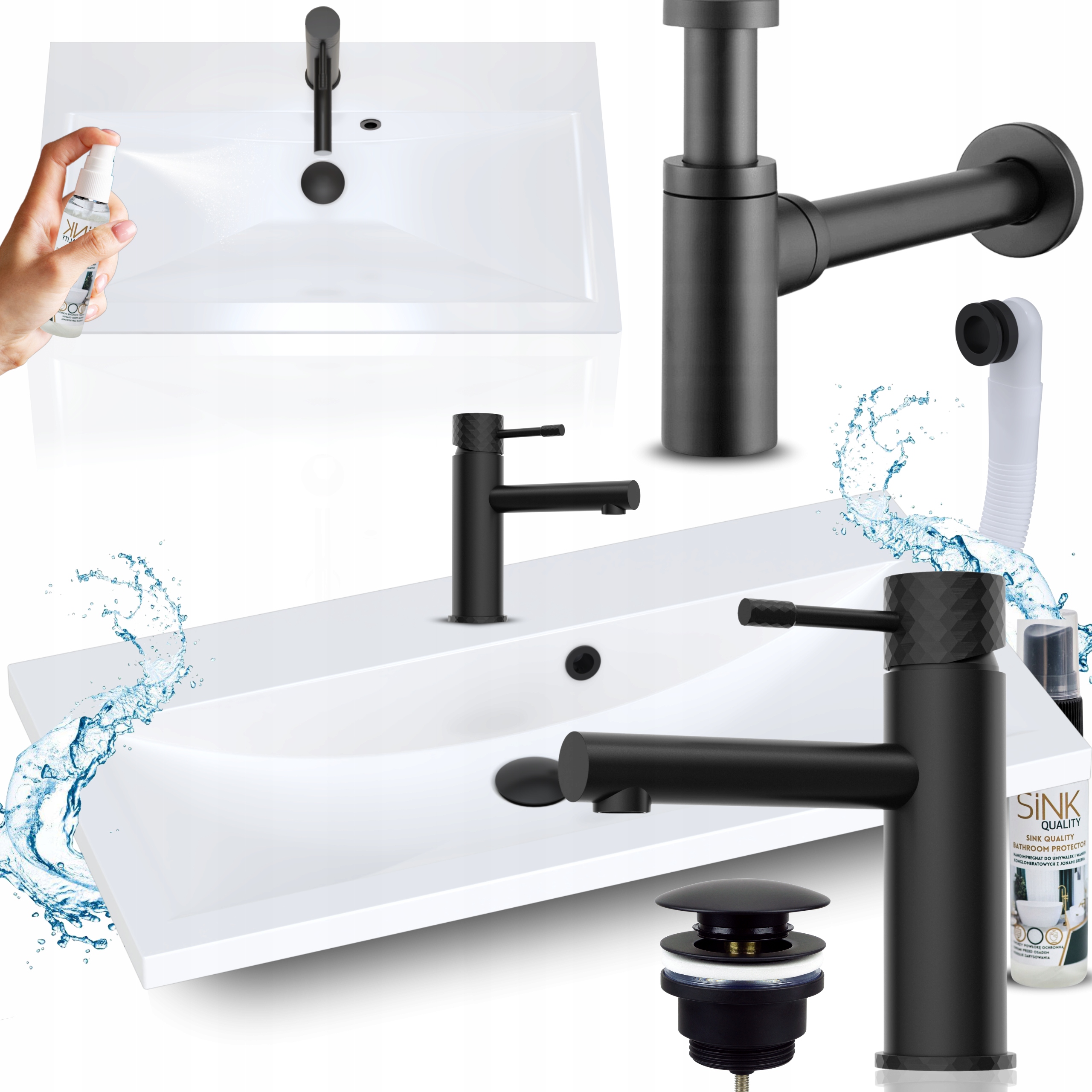 Sada Umyvadla 80 Dolomitová Bílá s Koupelnovou Baterií černá Sifon Korek