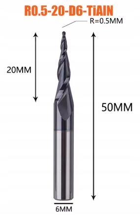 Frez spiralny stożkowy R0,5x6,0x20x50, dla Cnc