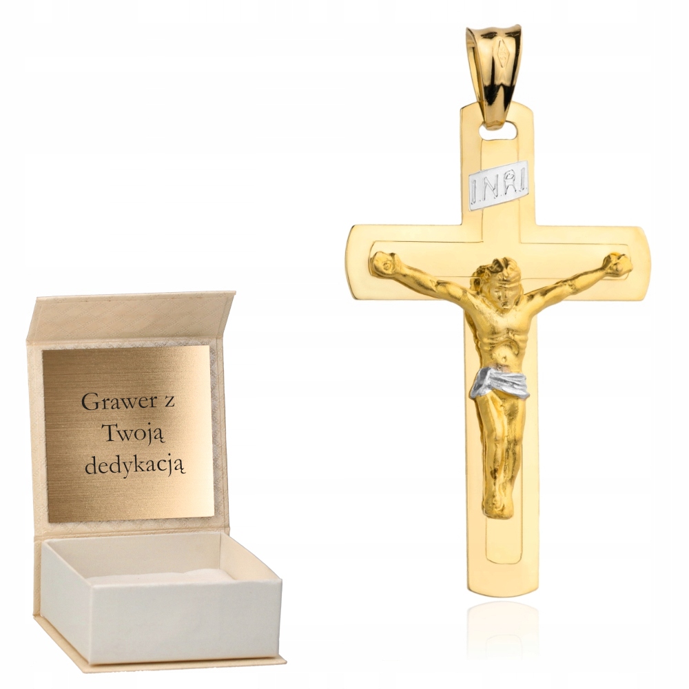 Zlatý přívěsek Křížek Ježíšek velký dvoubarevný pr.585 Gravírování