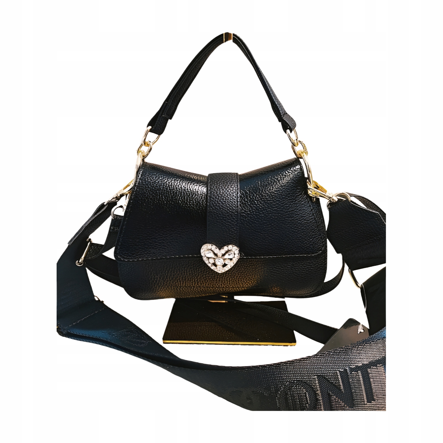 Massimo Contti kabelka přes rameno černá s lakovanou klopou a srdíčkem