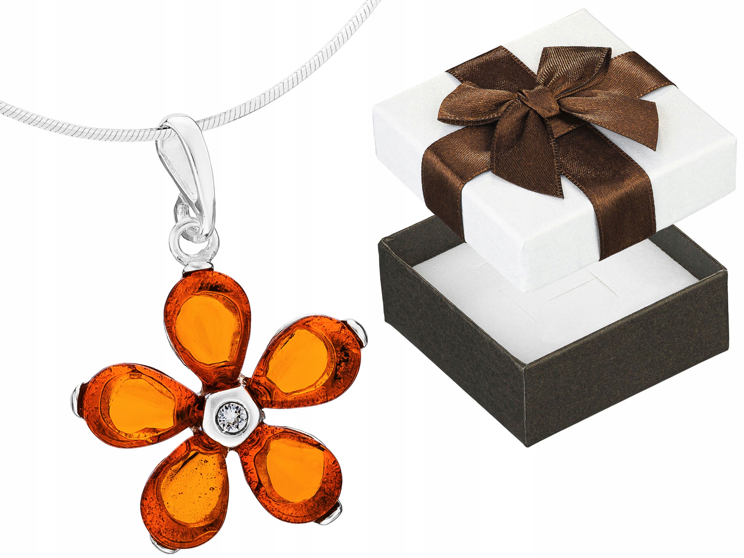 Krátký Stříbrný Dámský Náhrdelník Květina s Jantarem a Zirkony Choker 40 cm