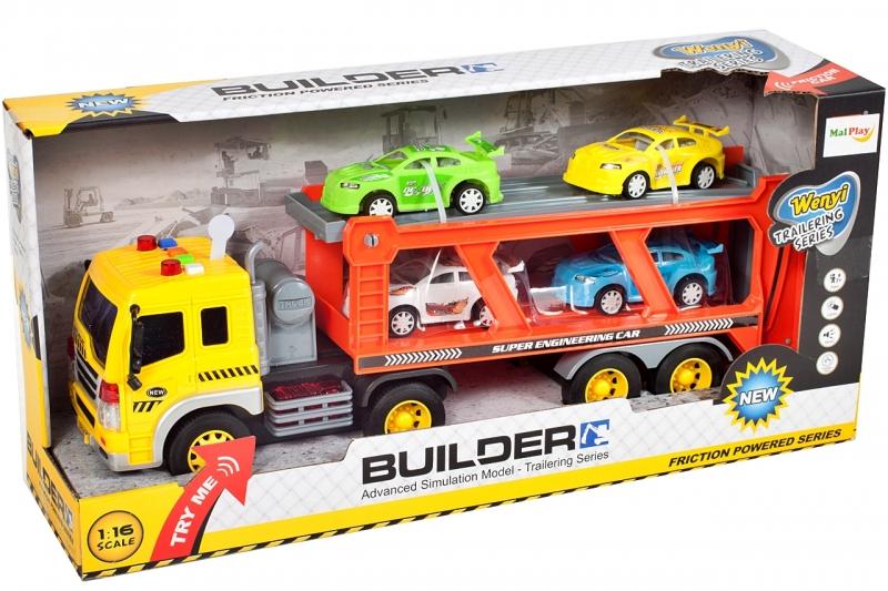 CIĘŻARÓWKA LAWETA Z Samochodami Światło Dźwięk Skala 1:16