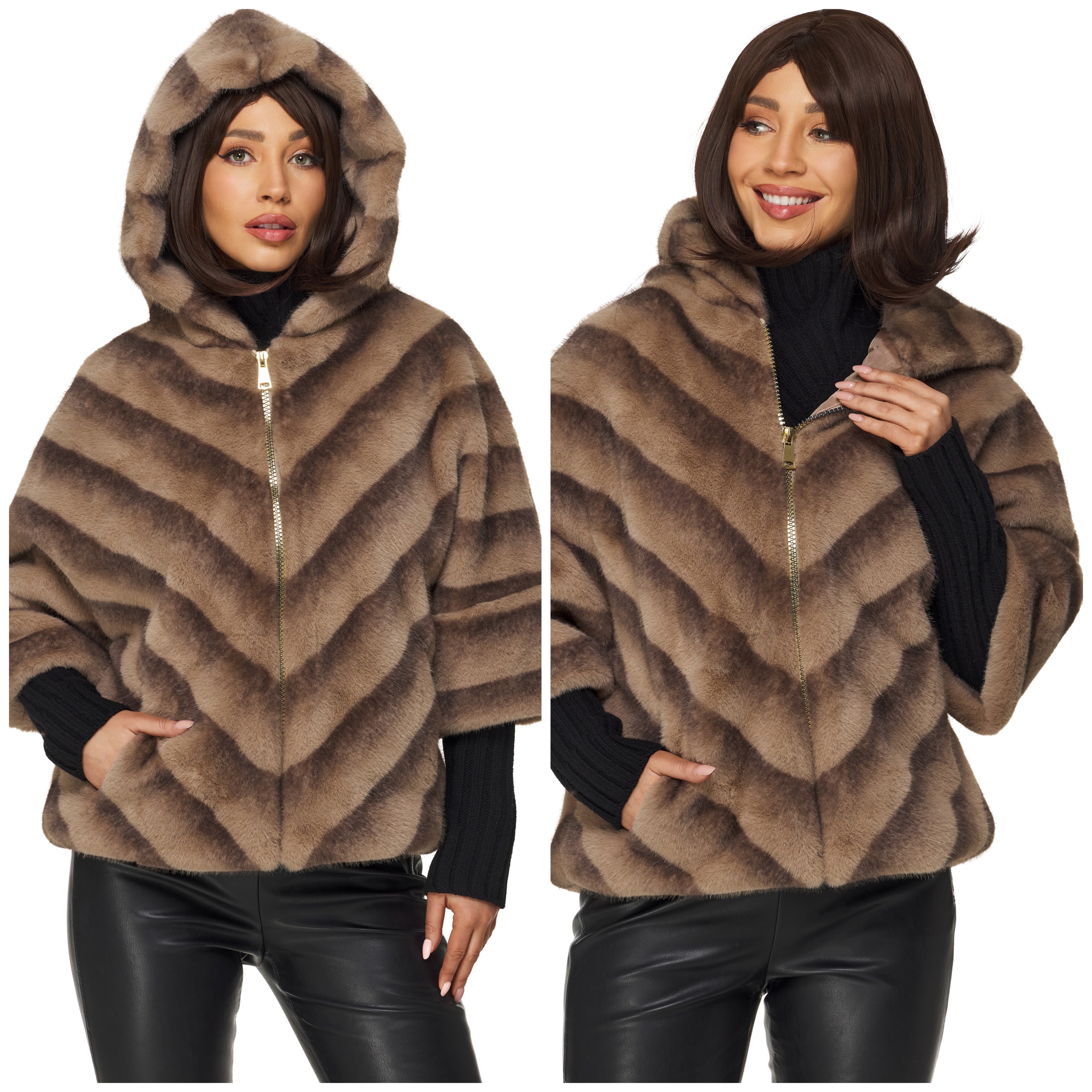 Dámská zimní bunda, hustá kožíšek s kapucí kapsami, béžová