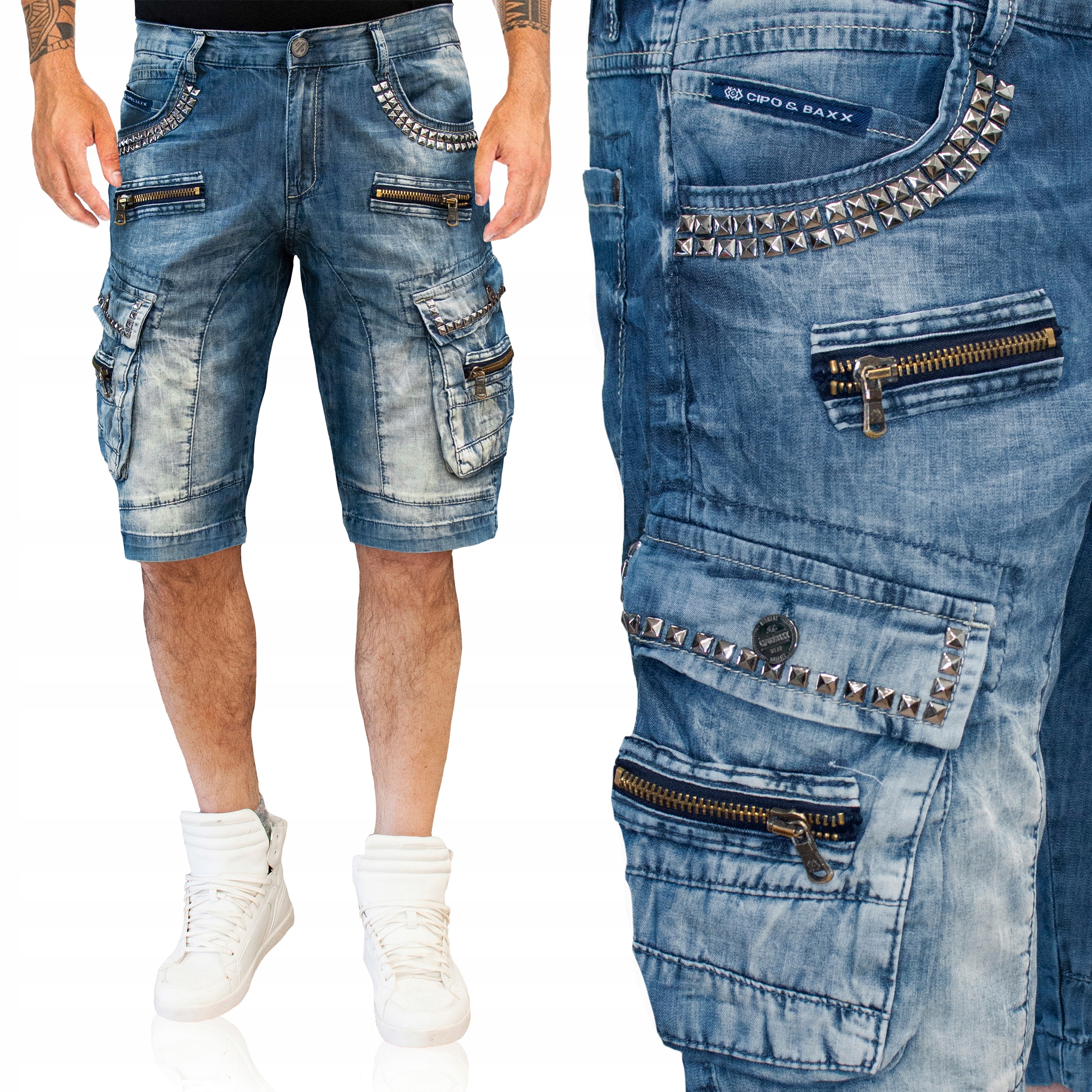 Cipo Baxx Kraťasy Džíny Přetíratelné Kapsáče Cvočky Zámky