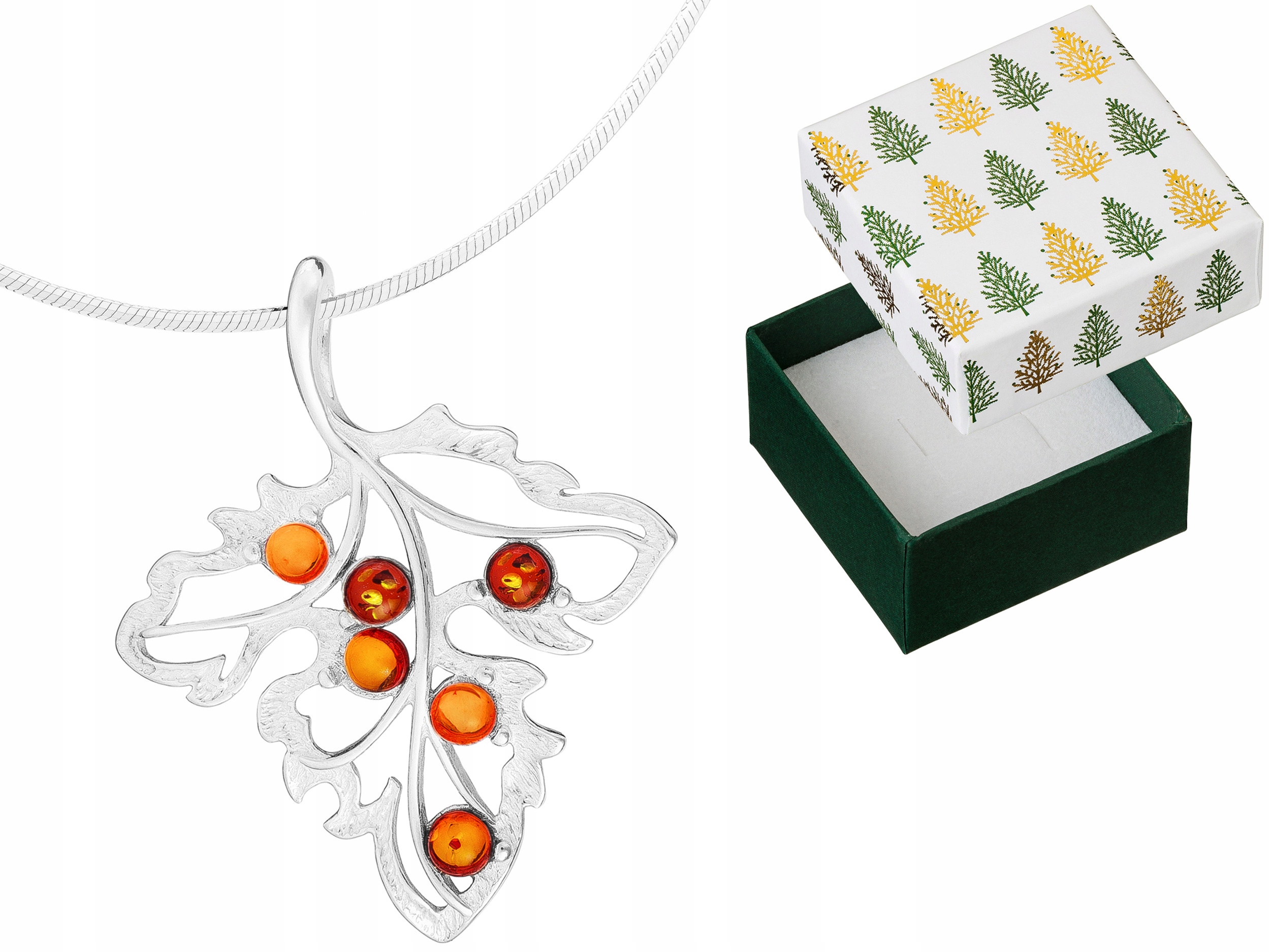 Náhrdelník Stříbrný lístek Přívěsek s jantarem Přívěsek List Řetízek 32