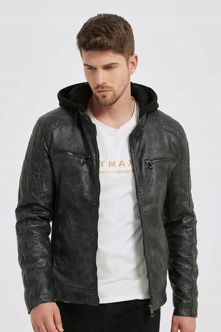 Pánská Bunda Kůže Šedá Prošívaná Zateplená Stojáček Kapuce Odnímatelná: XXL