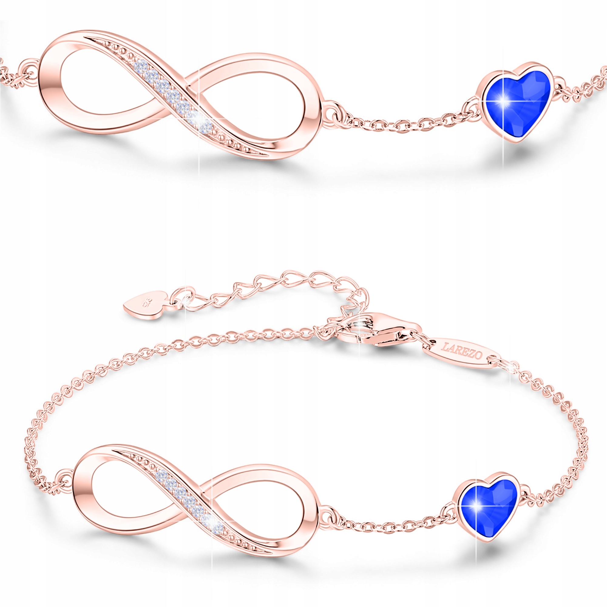 Náramek Stříbro Nekonečno Krystaly a Safírové Srdce Pozlacený 750