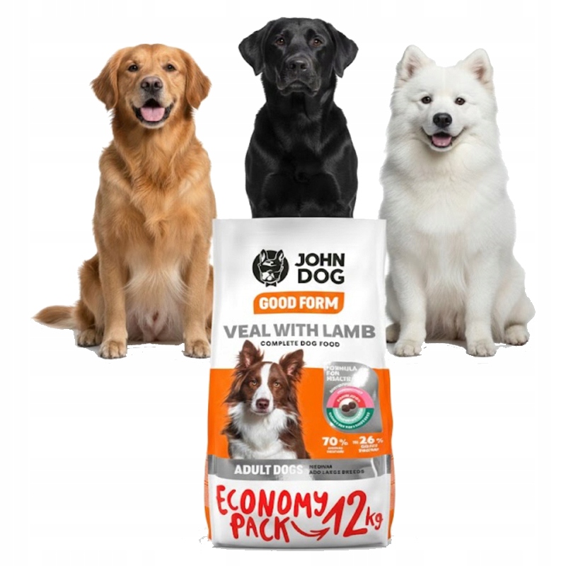 Levně John Dog Telecí S Jehněčím Masem 12KG Střední, Velké, Všechny Dospělé Plemena