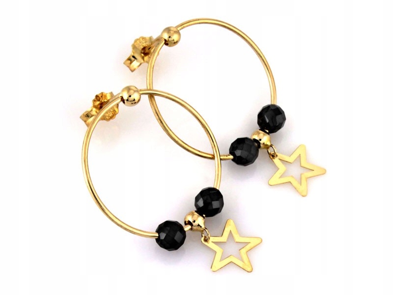 Zlaté náušnice 585 kruhy s černými zirkony a závěsnou hvězdičkou na tyči