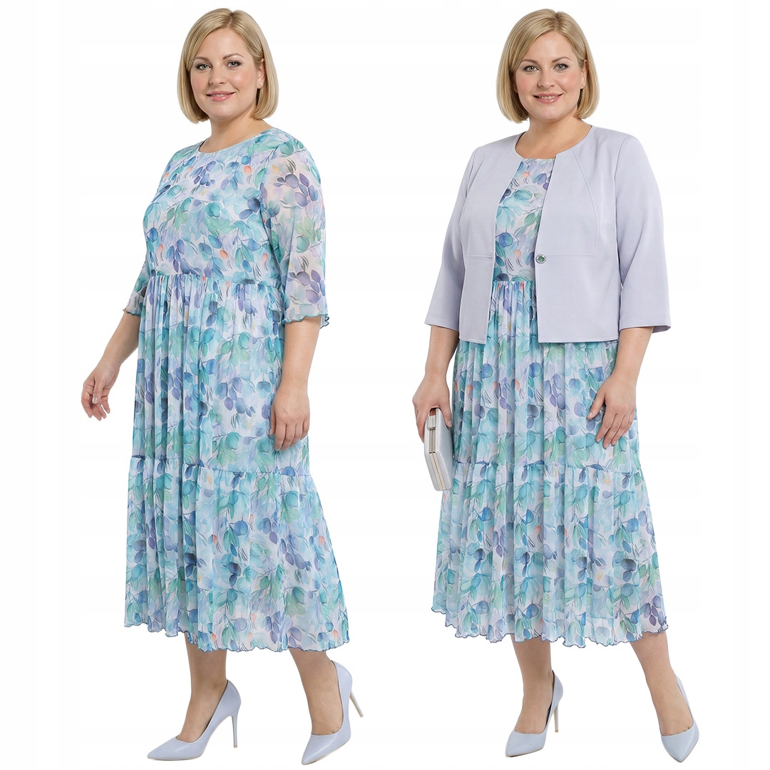 Síťovaná šaty zeleno-modré listy plus size velikost 56/58