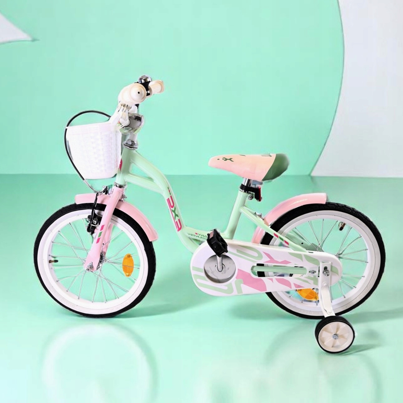 ВЕЛОСИПЕД ДЛЯ ДІВЧАТОК 16 ДЮЙМОВ М'ЯТНА СВІТЛА РАМА З КОРЗИНКОВИМИ БІЧНИМИ КОЛЕСАМИ