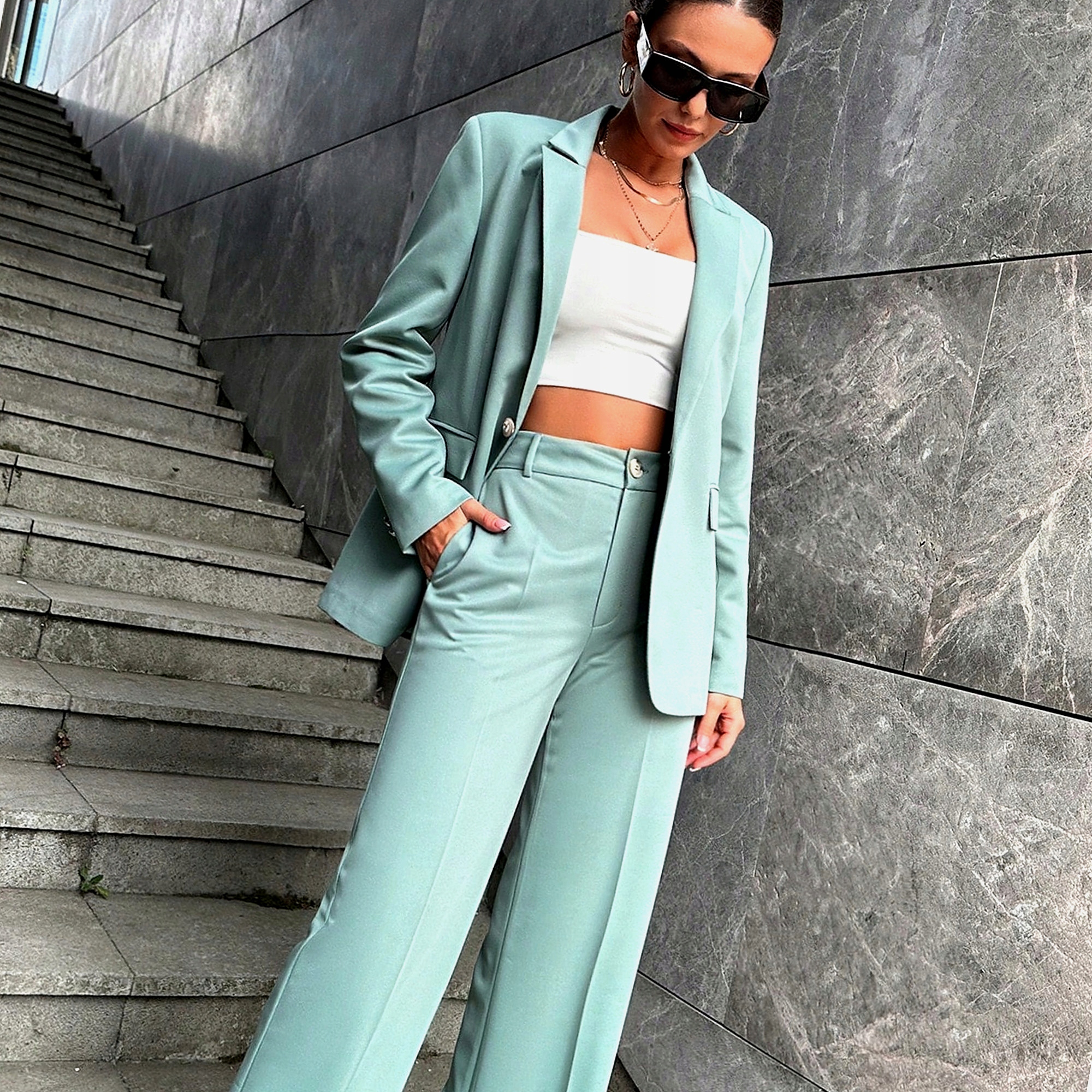 Dámský khaki oblek s kalhotami na oslavu, elegantní, velikost 36