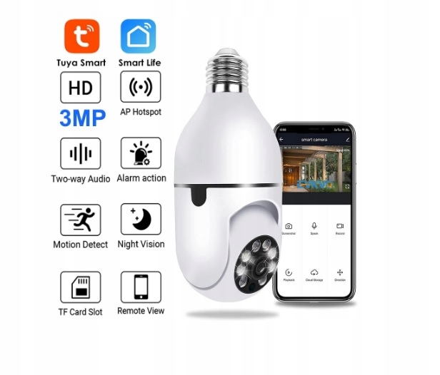 KAMERA WIFI OBROTOWA 3MPX Z GWINTEM E27 APP TUYA Kod producenta 12