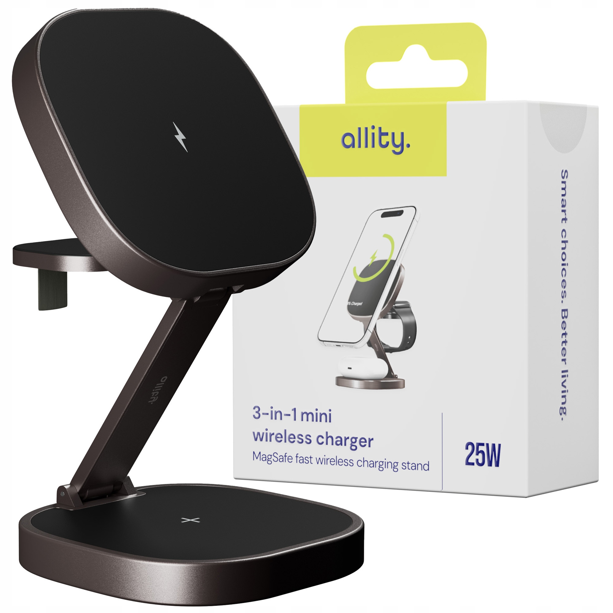 Bezdrátová nabíječka, nabíjecí stanice 3v1 Allity pro telefon a hodinky