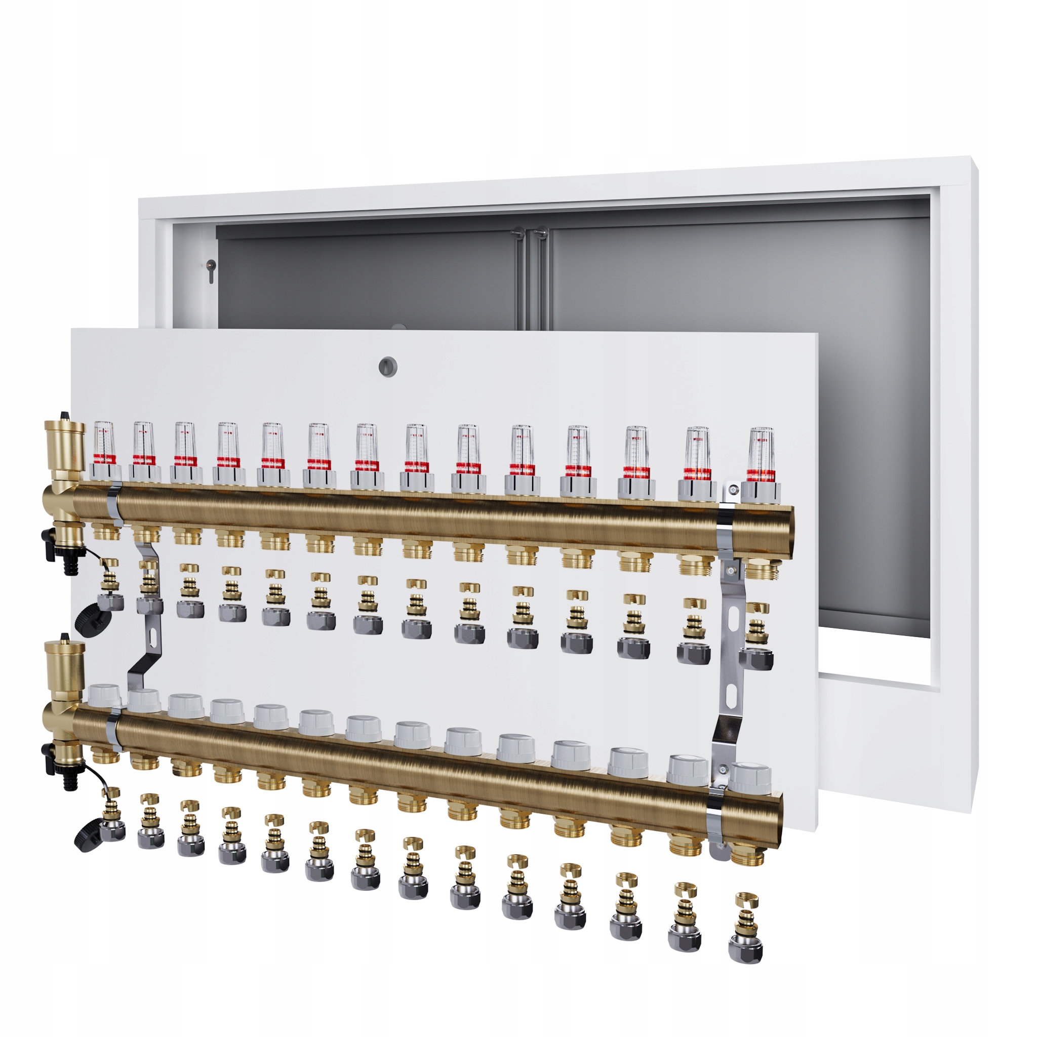 Rozdělovač pro podlahu 14 podlahových topení s nástěnným boxem Pex