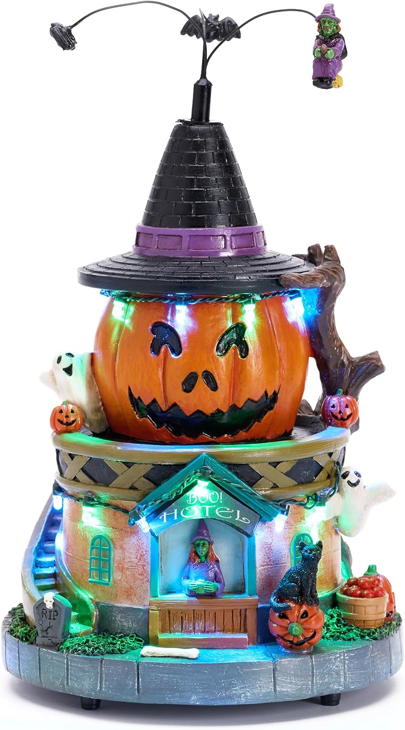 Dekorace na Halloween, 26,5 cm, osvětlená dýňová vesnice s hudbou