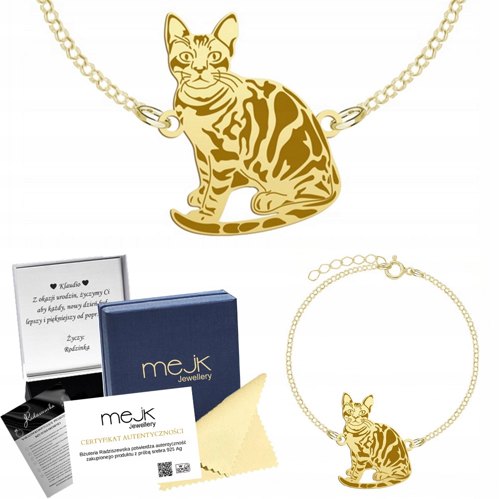 Zlatý náramek s bengálskou kočkou 925 Dárek Žena Šperky Gravírování