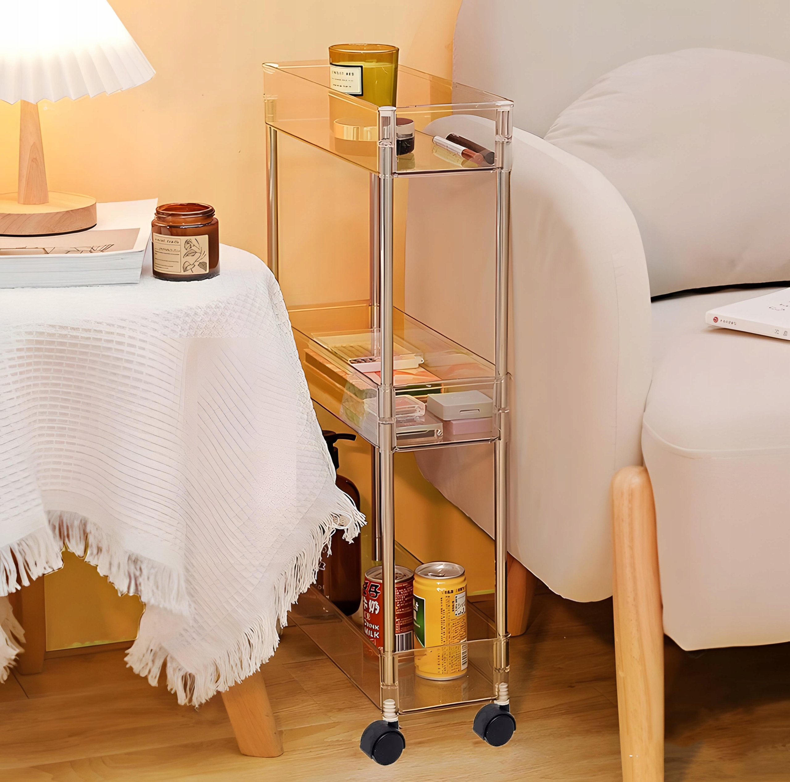 PÓŁKA ŁAZIENKOWA NA KÓŁKACH WĄSKA KUCHENNA SZAFKA ORGANIZER REGAŁ 9cm3PÓŁKI Wysokość mebla 68 cm