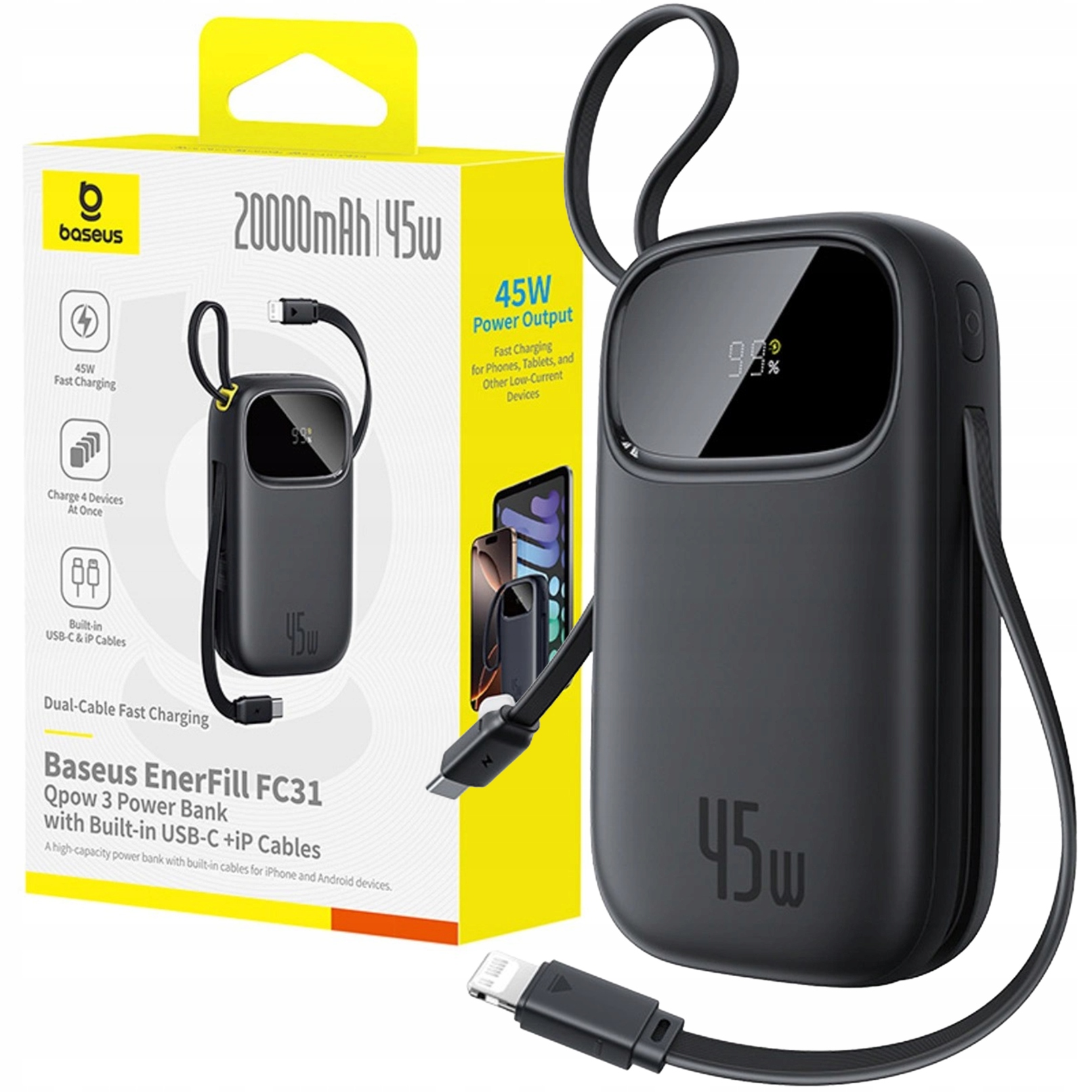 Baseus Rychlá Powerbanka 20000 mAh 45W Usb Typ C Usb-a Kabel Usb-c Lightning