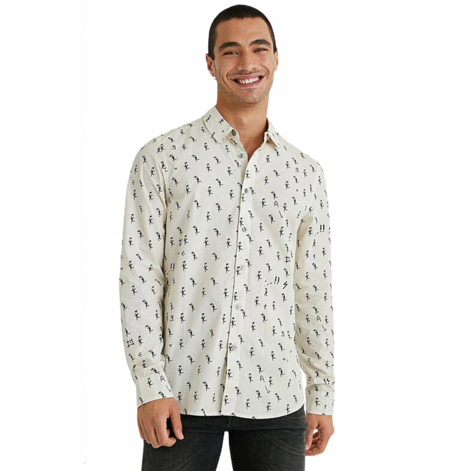 Pánská košile Desigual bavlněná s dlouhým rukávem, krémová, s potiskem, vel. S