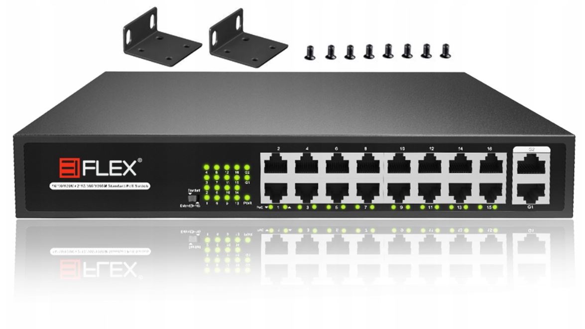 Switch Poe pre Kamery 16x Poe 10/100Mbps 2x Gigabit Uplink 160W Rack 1U