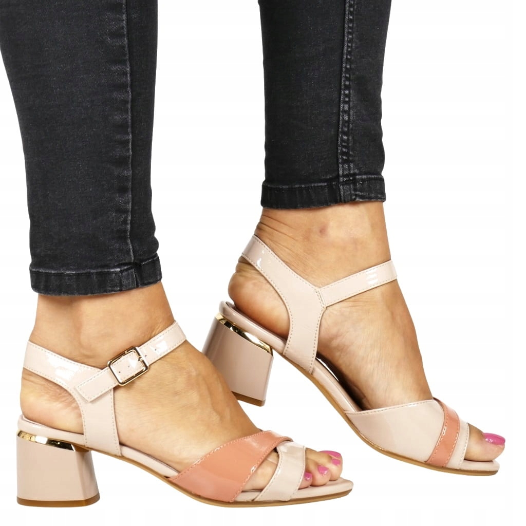 Dámské Sandály Na Podpatku, Elegantní, Pohodlné, Starorůžová, Béžový Lak