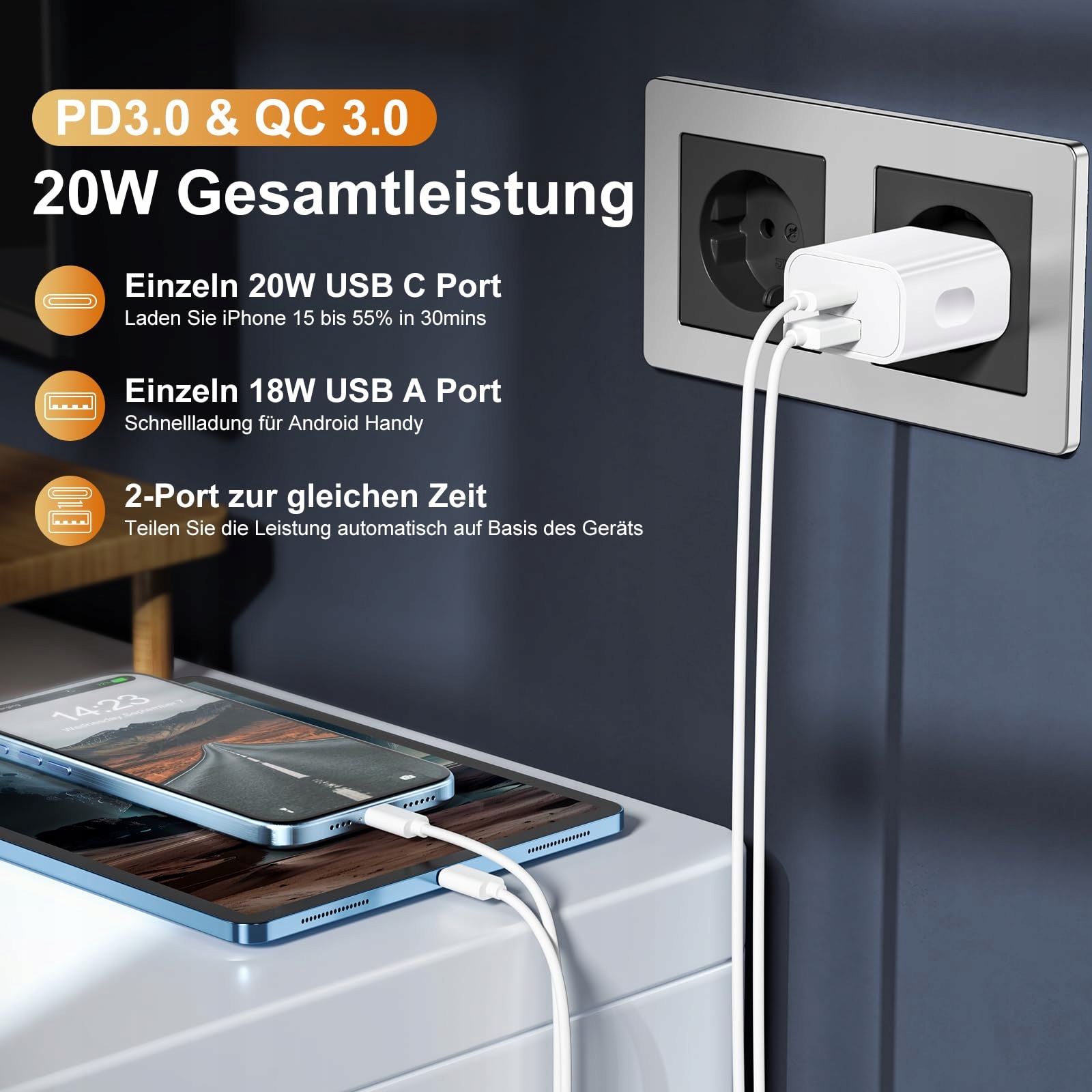 Abetcabe Zestaw 3 Ładowarek USB C 20W Szybkie Ładowanie PD3.0 QC3.0 — miniatura 3