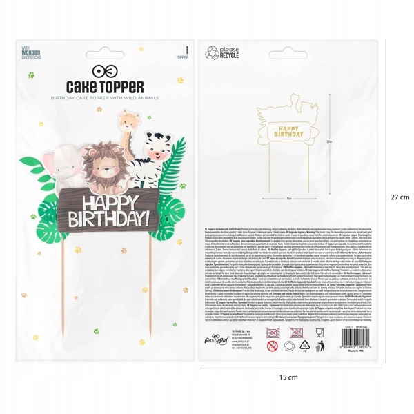TOPPER NA TORT HAPPY BIRTHDAY ZWIERZĄTKA SAFARI ZOO URODZINY 22cm 1 sztuka Marka PartyPal