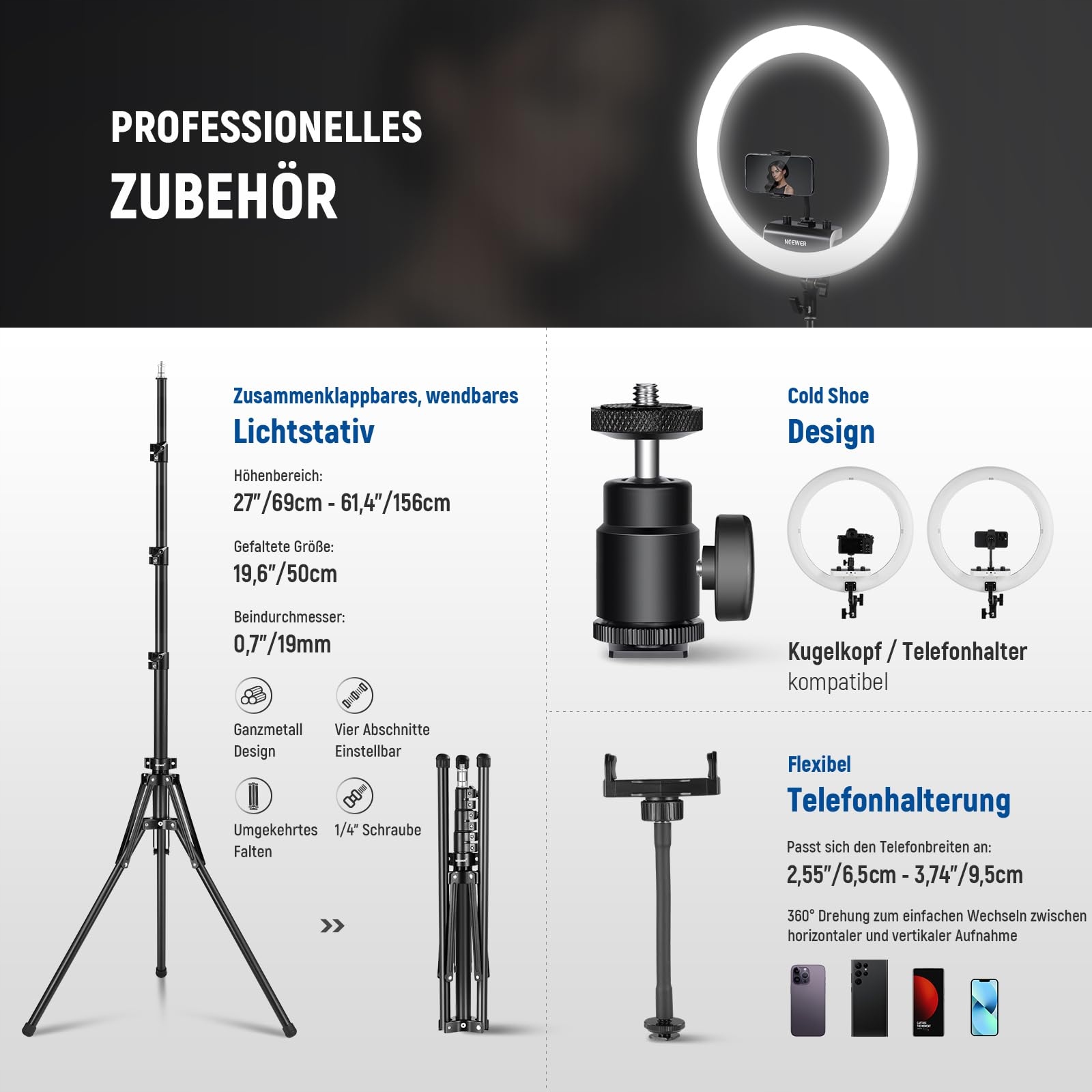 NEEWER Profesjonalne Ring Light 18" 45W Stojak Uchwyt Telefonu Aplikacja — miniatura 7