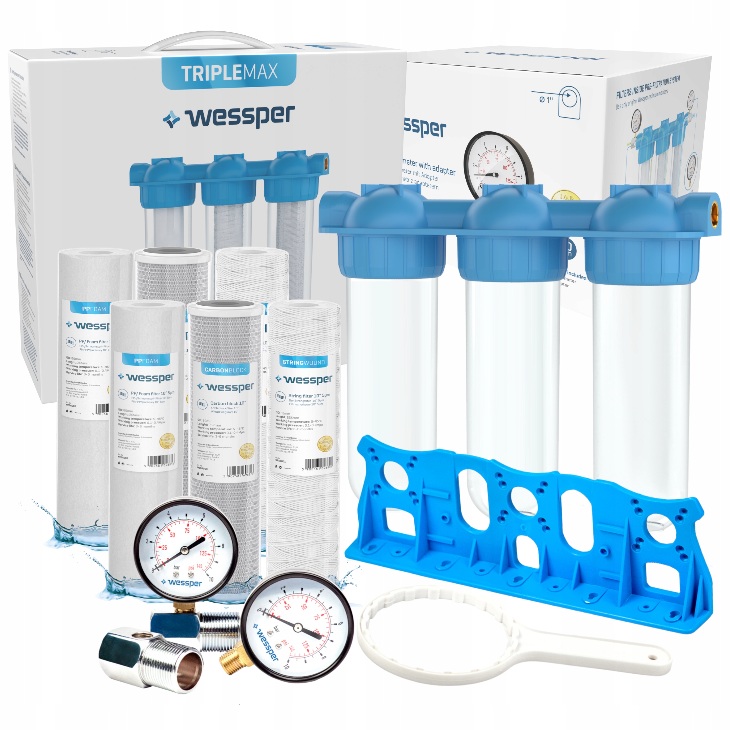 Wessper vodní filtr 1" 3 stupňový pro celý dům náplně tlakoměr