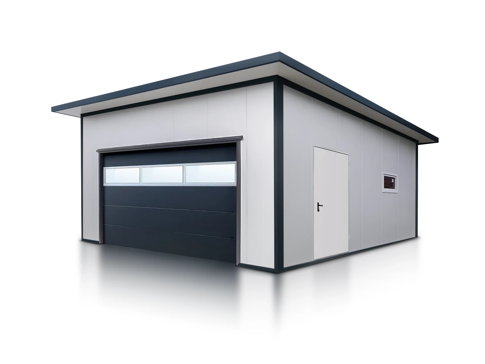 Garáž ze sendvičové desky 6x6 bílá, okno dveří, prosklená brána automat