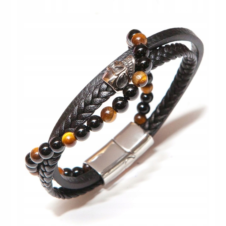 Kožený náramek lebka korálky černý