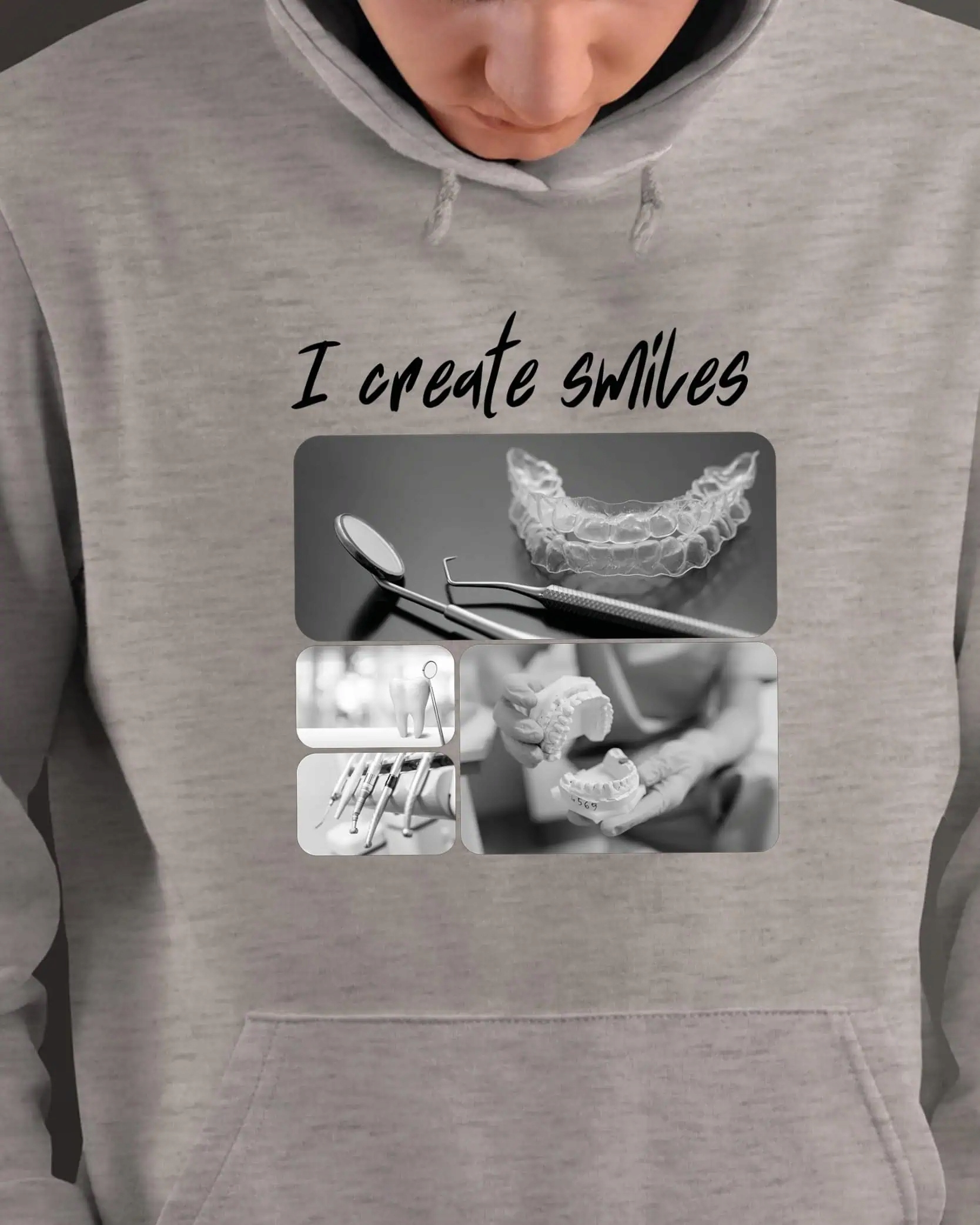 Mikina s kapucí Dárek pro zubaře Umělecká koláž Šedá L