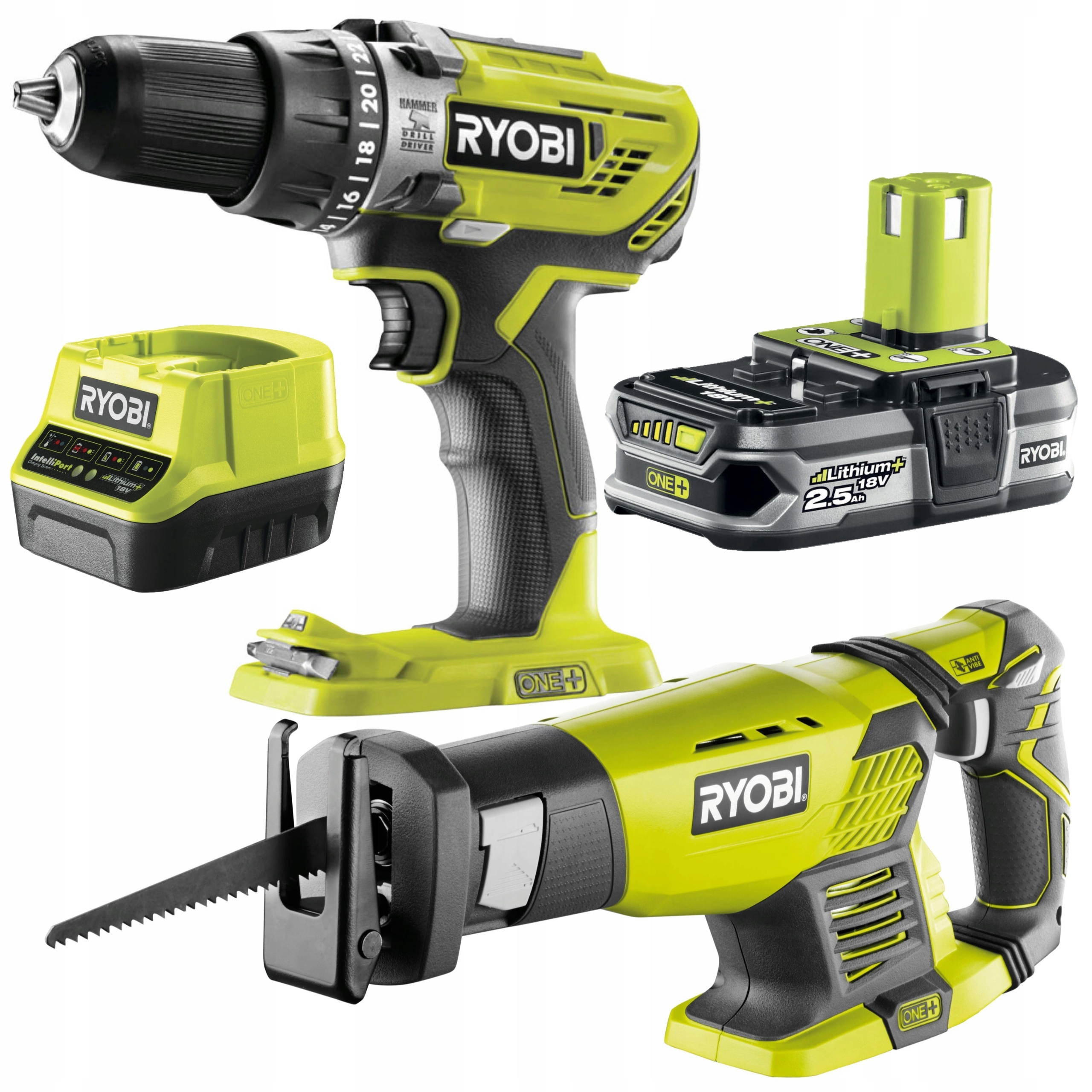 Vrtačka Aku Šroubovák Ryobi Příklep R18PD3+ Pila Ocaska RRS1801M +2,5AH