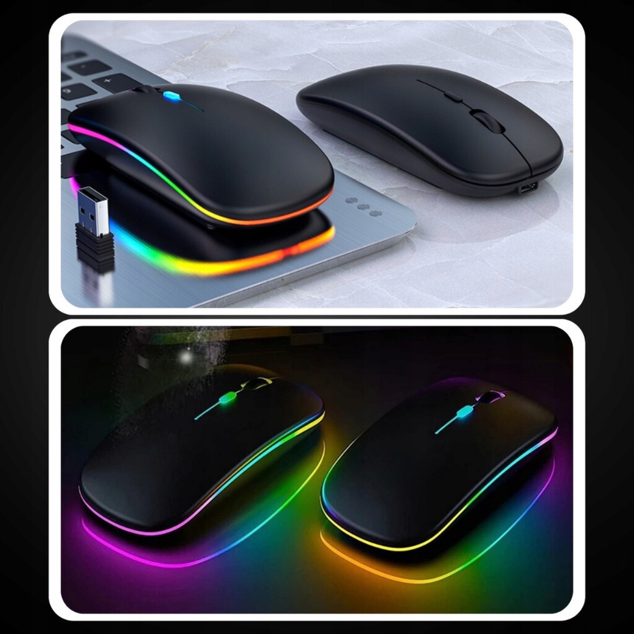 LEKKA CICHA MYSZKA BEZPRZEWODOWA LED RGB MYSZ DO LAPTOPA KOMPUTERA BIURA Model brak