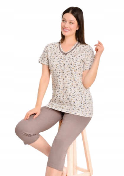 Bavlněné Pyžamo Tričko Jemná Louka Jednobarevné Rybářské Kalhoty 3/4 L