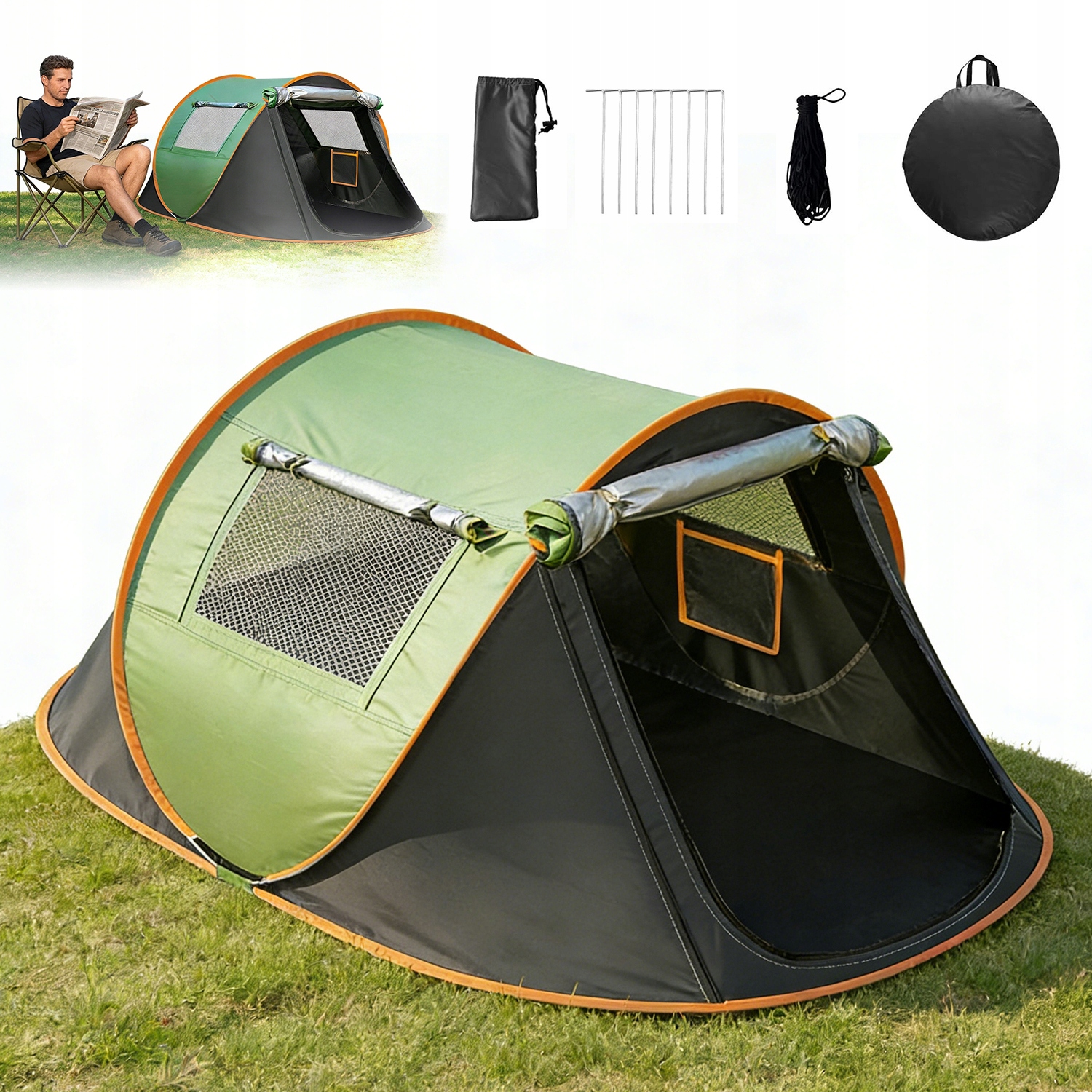 Namiot Turystyczny Kempingowy Samorozkładający 145x250*110 CM Zielony