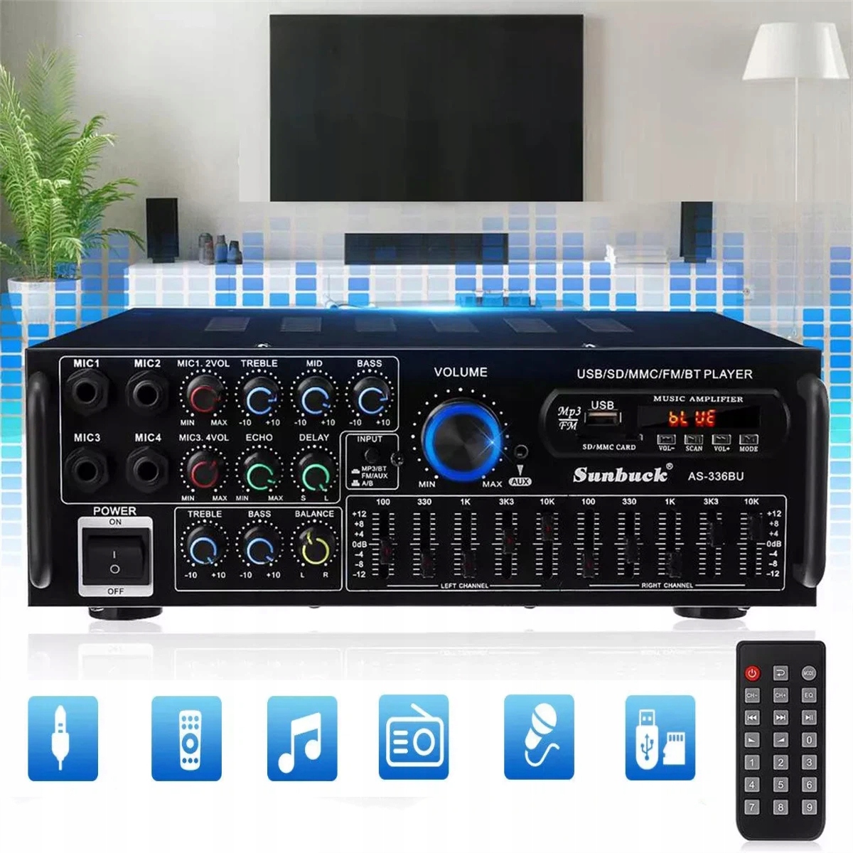 Bluetooth Stereo Zesilovač S Dálkovým Ovládáním Audio Fm Amp 2000W